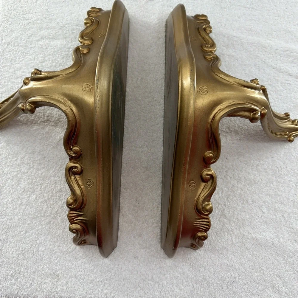 2- Mid Century Hollywood Regency Style Faux Gold Wall Shelf Set Made In Italy